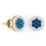 0.45 Carat (ctw) 18K Yellow Gold Blue & White Diamond Ladies Cluster Flower Stud Earrings 1/2 CT