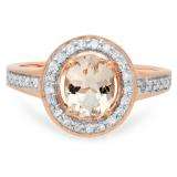 1.20 Carat (ctw) 14K Rose Gold Oval Cut Morganite & Round White Diamond Ladies Halo Bridal Engagement Ring 1 1/4 CT