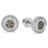 0.10 Carat (ctw) 10K White Gold Round Cut Champagne & White Diamond Cluster Stud Earrings
