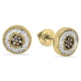 0.10 Carat (ctw) 10K Yellow Gold Round Cut Champagne & White Diamond Cluster Stud Earrings