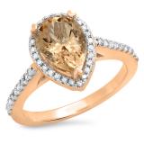 2.20 Carat (ctw) 14K Rose Gold Pear Cut Morganite & Round Cut White Diamond Ladies Bridal Halo Engagement Ring