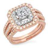 1.55 Carat (ctw) 14K White & Rose Gold Two Tone Princess & Round Diamond Ladies Square Split Shank Halo Bridal Engagement Ring Set 1 1/2 CT