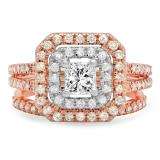 1.55 Carat (ctw) 14K White & Rose Gold Two Tone Princess & Round Diamond Ladies Square Split Shank Halo Bridal Engagement Ring Set 1 1/2 CT