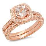 1.50 Carat (ctw) 10K Rose Gold Round Cut Morganite & White Diamond Ladies Bridal Split Shank Halo Engagement Ring With Matching Band Set 1 1/2 CT