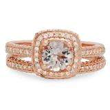 1.50 Carat (ctw) 14K Rose Gold Round Cut Morganite & White Diamond Ladies Bridal Split Shank Halo Engagement Ring With Matching Band Set 1 1/2 CT