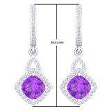 2.85 Carat (ctw) 10K White Gold Cushion Amethyst & Round Diamond Ladies Halo Style Dangling Drop Earrings