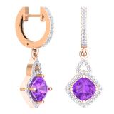 2.85 Carat (ctw) 14K Rose Gold Cushion Amethyst & Round White Diamond Ladies Halo Style Dangling Drop Earrings