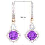 2.85 Carat (ctw) 14K Rose Gold Cushion Amethyst & Round White Diamond Ladies Halo Style Dangling Drop Earrings