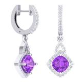 2.85 Carat (ctw) 14K White Gold Cushion Amethyst & Round White Diamond Ladies Halo Style Dangling Drop Earrings