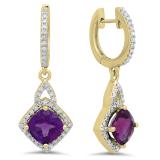 2.85 Carat (ctw) 14K Yellow Gold Cushion Amethyst & Round White Diamond Ladies Halo Style Dangling Drop Earrings