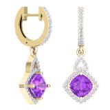2.85 Carat (ctw) 14K Yellow Gold Cushion Amethyst & Round White Diamond Ladies Halo Style Dangling Drop Earrings