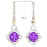 2.85 Carat (ctw) 14K Yellow Gold Cushion Amethyst & Round White Diamond Ladies Halo Style Dangling Drop Earrings