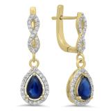 1.30 Carat (ctw) 14K Yellow Gold Pear Cut Blue Sapphire & Round Cut White Diamond Ladies Halo Style Dangling Drop Earrings