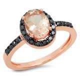 1.50 Carat (ctw) 18K Rose Gold Oval Cut Morganite & Round Black Diamond Ladies Halo Bridal Engagement Ring 1 1/2 CT