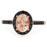 1.50 Carat (ctw) 18K Rose Gold Oval Cut Morganite & Round Black Diamond Ladies Halo Bridal Engagement Ring 1 1/2 CT