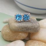 2.70 Carat (ctw) 10K Rose Gold Cushion Cut Blue Topaz & Round Cut White Diamond Ladies Square Frame Halo Stud Earrings