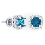 2.70 Carat (ctw) 10K White Gold Cushion Cut Blue Topaz & Round Cut White Diamond Ladies Square Frame Halo Stud Earrings