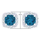 2.70 Carat (ctw) 10K White Gold Cushion Cut Blue Topaz & Round Cut White Diamond Ladies Square Frame Halo Stud Earrings