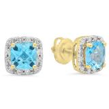 2.70 Carat (ctw) 10K Yellow Gold Cushion Cut Blue Topaz & Round Cut White Diamond Ladies Square Frame Halo Stud Earrings