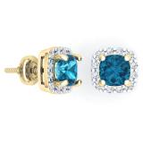 2.70 Carat (ctw) 10K Yellow Gold Cushion Cut Blue Topaz & Round Cut White Diamond Ladies Square Frame Halo Stud Earrings