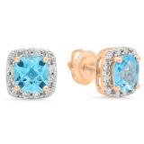 2.70 Carat (ctw) 14K Rose Gold Cushion Cut Blue Topaz & Round Cut White Diamond Ladies Square Frame Halo Stud Earrings