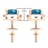 2.70 Carat (ctw) 14K Rose Gold Cushion Cut Blue Topaz & Round Cut White Diamond Ladies Square Frame Halo Stud Earrings
