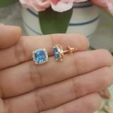 2.70 Carat (ctw) 14K Rose Gold Cushion Cut Blue Topaz & Round Cut White Diamond Ladies Square Frame Halo Stud Earrings