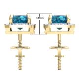 2.70 Carat (ctw) 14K Yellow Gold Cushion Cut Blue Topaz & Round Cut White Diamond Ladies Square Frame Halo Stud Earrings
