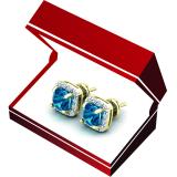 2.70 Carat (ctw) 14K Yellow Gold Cushion Cut Blue Topaz & Round Cut White Diamond Ladies Square Frame Halo Stud Earrings