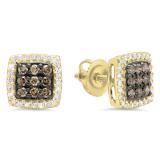 0.60 Carat (ctw) 14K Yellow Gold Round Cut Champagne & White Diamond Square Shaped Stud Earrings