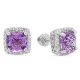 2.80 Carat (ctw) 18K White Gold Cushion Cut Amethyst & Round Cut White Diamond Ladies Square Frame Halo Stud Earrings
