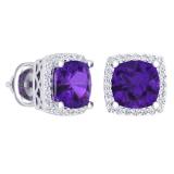2.80 Carat (ctw) 18K White Gold Cushion Cut Amethyst & Round Cut White Diamond Ladies Square Frame Halo Stud Earrings