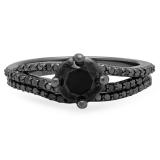 1.35 Carat (Ctw) Black Rhodium Plated Sterling Silver Round Black Diamond Ladies Split Shank Bridal Engagement Ring Set With Matching Band