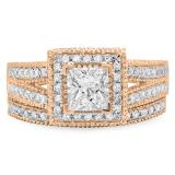 2.00 Carat (Ctw) 10K Rose Gold Princess & Round Cut White Diamond Ladies Split Shank Vintage Style Bridal Engagement Ring With Matching Band Set
