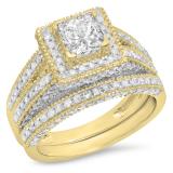 2.00 Carat (Ctw) 10K Yellow Gold Princess & Round Cut White Diamond Ladies Split Shank Vintage Style Bridal Engagement Ring With Matching Band Set