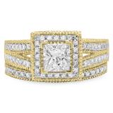 2.00 Carat (Ctw) 10K Yellow Gold Princess & Round Cut White Diamond Ladies Split Shank Vintage Style Bridal Engagement Ring With Matching Band Set