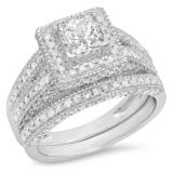 2.00 Carat (Ctw) 14K White Gold Princess & Round Cut White Diamond Ladies Split Shank Vintage Style Bridal Engagement Ring With Matching Band Set