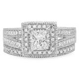 2.00 Carat (Ctw) 14K White Gold Princess & Round Cut White Diamond Ladies Split Shank Vintage Style Bridal Engagement Ring With Matching Band Set