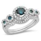 1.05 Carat (Ctw) 18K White Gold Round Blue & White Diamond Ladies 5 Stone Halo Bridal Engagement Ring With Matching Band Set