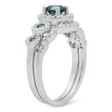 1.05 Carat (Ctw) 18K White Gold Round Blue & White Diamond Ladies 5 Stone Halo Bridal Engagement Ring With Matching Band Set