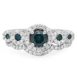1.05 Carat (Ctw) 18K White Gold Round Blue & White Diamond Ladies 5 Stone Halo Bridal Engagement Ring With Matching Band Set