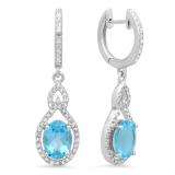 3.60 Carat (Ctw) 10K White Gold Oval Cut Blue Topaz & Round Cut White Diamond Ladies Pear Shaped Dangling Drop Earrings