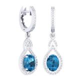 3.60 Carat (Ctw) 10K White Gold Oval Cut Blue Topaz & Round Cut White Diamond Ladies Pear Shaped Dangling Drop Earrings