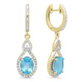 3.60 Carat (Ctw) 10K Yellow Gold Oval Cut Blue Topaz & Round Cut White Diamond Ladies Pear Shaped Dangling Drop Earrings