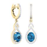 3.60 Carat (Ctw) 10K Yellow Gold Oval Cut Blue Topaz & Round Cut White Diamond Ladies Pear Shaped Dangling Drop Earrings