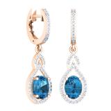 3.60 Carat (Ctw) 14K Rose Gold Oval Cut Blue Topaz & Round Cut White Diamond Ladies Pear Shaped Dangling Drop Earrings