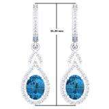 3.60 Carat (Ctw) 14K White Gold Oval Cut Blue Topaz & Round Cut White Diamond Ladies Pear Shaped Dangling Drop Earrings