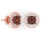 0.50 Carat (Ctw) 10K Rose Gold Round Champagne & White Diamond Ladies Cluster Style Stud Earrings 1/2 CT