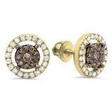 0.50 Carat (Ctw) 10K Yellow Gold Round Champagne & White Diamond Ladies Cluster Style Stud Earrings 1/2 CT