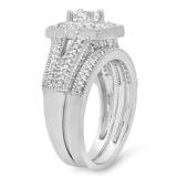 0.95 Carat (Ctw) 14K White Gold Princess & Round Cut White Diamond Ladies Split Shank Milgrain Bridal Engagement Ring With Matching Band Set